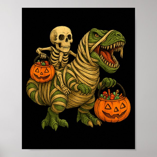 Skeleton Riding Mummy Dinosaur T Rex Halloween Fun Poster (Front)