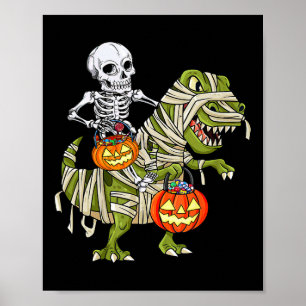 Skeleton Riding Mummy Dinosaur T Rex Halloween Fun Poster