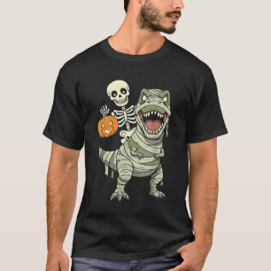 Skeleton Riding Mummy Dinosaur T rex Halloween Fun T-Shirt