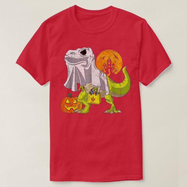 Skeleton Riding Mummy Dinosaur T Rex Halloween Fun T-Shirt (Design Front)