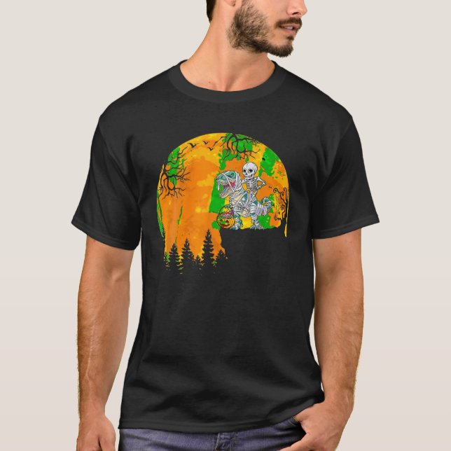 Skeleton Riding Mummy Dinosaur T rex Halloween Fun T-Shirt (Front)