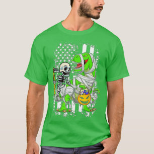 Skeleton Riding Mummy Dinosaur T rex Halloween Fun T-Shirt