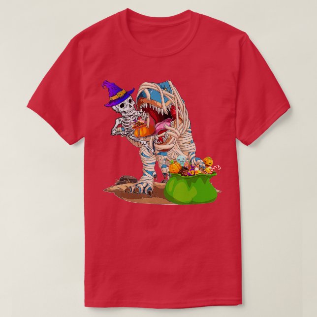 Skeleton Riding Mummy Dinosaur T rex Halloween Fun T-Shirt (Design Front)