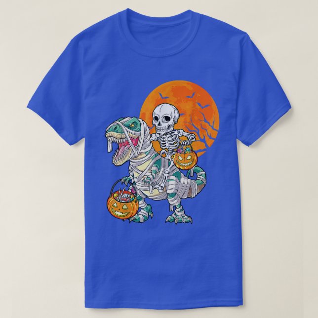 Skeleton Riding Mummy Dinosaur T Rex Halloween Fun T-Shirt (Design Front)