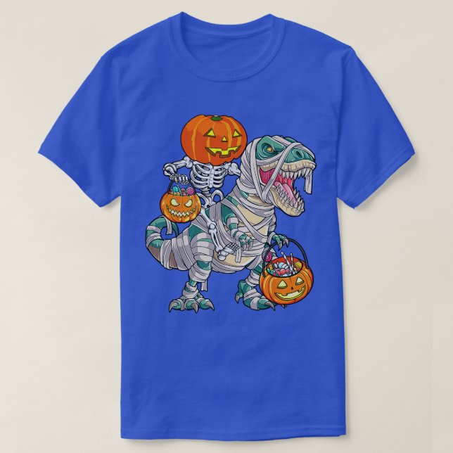 Skeleton Riding Mummy Dinosaur T rex Halloween Fun T-Shirt (Design Front)