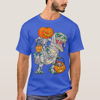 Skeleton Riding Mummy Dinosaur T rex Halloween Fun T-Shirt