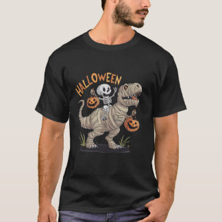 Skeleton Riding Mummy Dinosaur T rex Halloween Fun T-Shirt