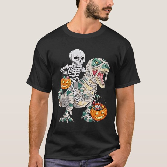 Skeleton Riding Mummy Dinosaur T rex Halloween Fun T-Shirt (Front)