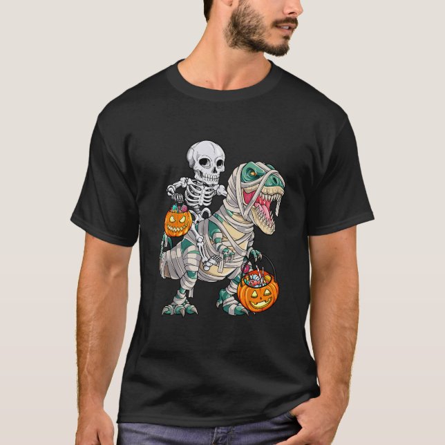 Skeleton Riding Mummy Dinosaur T Rex Halloween Fun T-Shirt (Front)