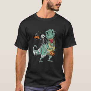 Skeleton Riding Mummy Dinosaur T Rex Halloween Fun T-Shirt