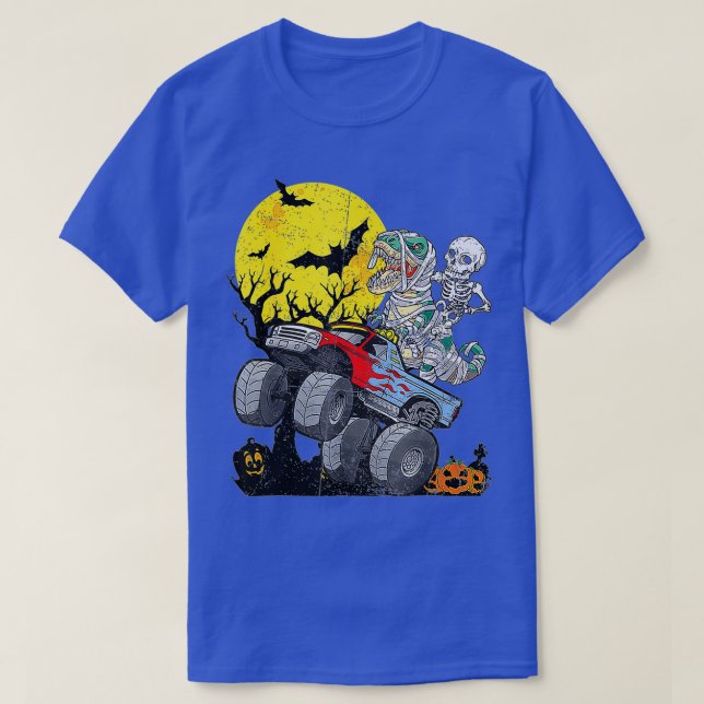 Skeleton Riding Mummy Dinosaur T Rex Halloween Fun T-Shirt (Design Front)
