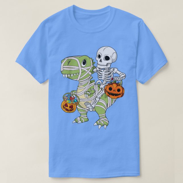Skeleton Riding Mummy Dinosaur T rex Halloween Fun T-Shirt (Design Front)