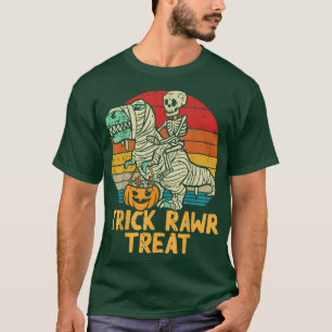 Skeleton Riding Mummy Dinosaur T rex Halloween Fun T-Shirt