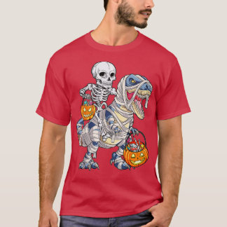 Skeleton Riding Mummy Dinosaur T rex Halloween Fun T-Shirt