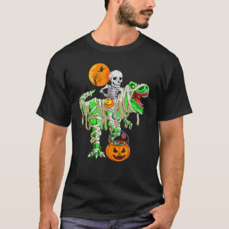 Skeleton Riding Mummy Dinosaur T rex Halloween Fun T-Shirt