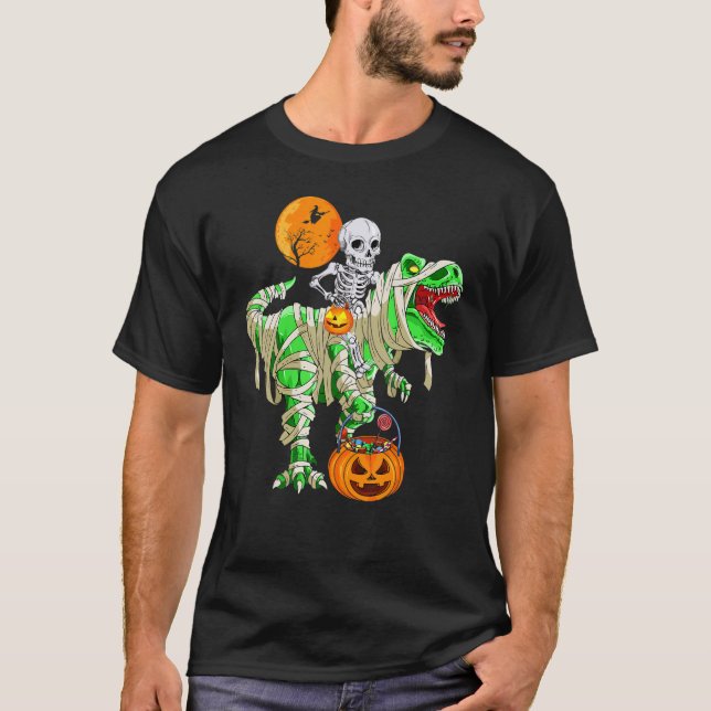Skeleton Riding Mummy Dinosaur T rex Halloween Fun T-Shirt (Front)