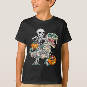Skeleton Riding Mummy Dinosaur T Rex Halloween Fun T-Shirt