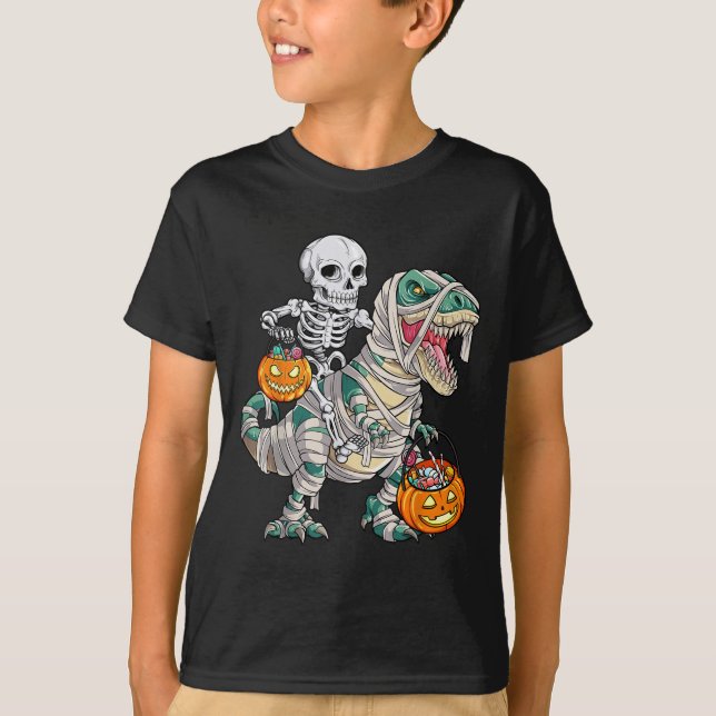 Skeleton Riding Mummy Dinosaur T Rex Halloween Fun T-Shirt (Front)
