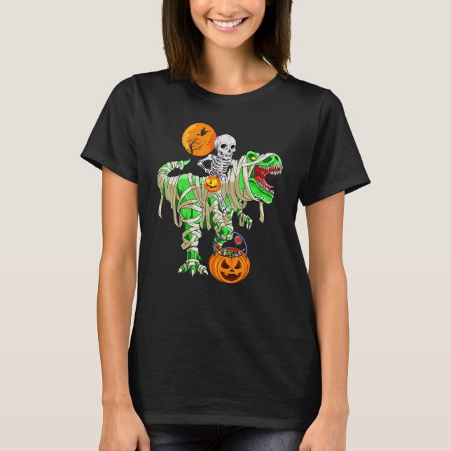Skeleton Riding Mummy Dinosaur T rex Halloween Fun T-Shirt (Front)