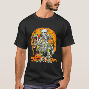 Skeleton Riding Mummy Dinosaur T Rex Halloween Fun T-Shirt