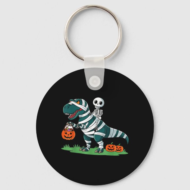 Skeleton Riding Mummy Dinosaur T rex Halloween Key Ring (Front)