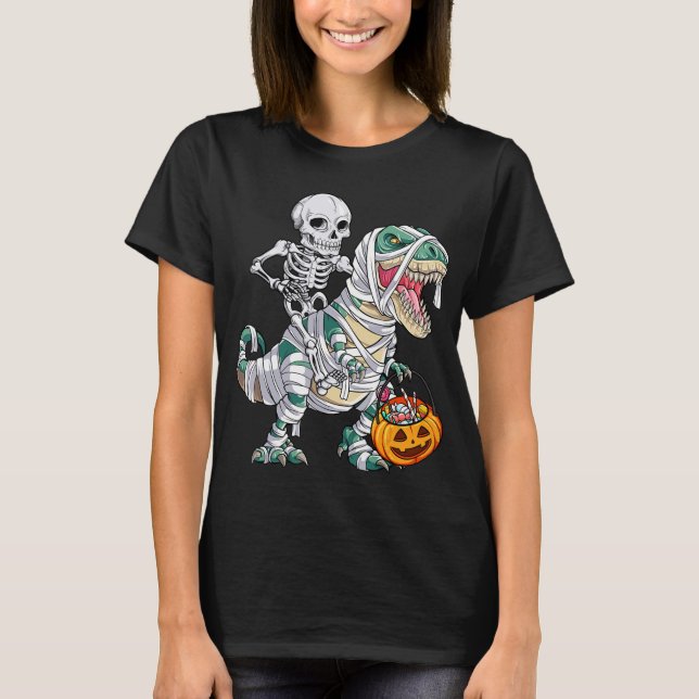 Skeleton Riding Mummy Dinosaur T rex Halloween Kid T-Shirt (Front)