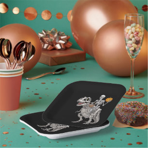Skeleton Riding Mummy Dinosaur T rex Halloween  Paper Plate