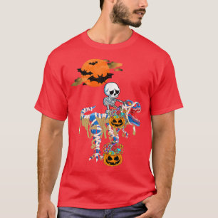 Skeleton Riding Mummy Dinosaur T Rex Halloween Pum T-Shirt