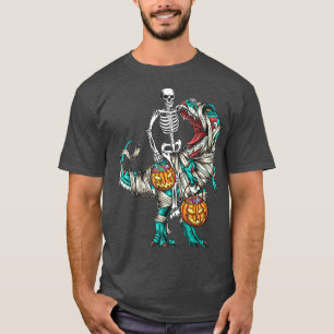 Skeleton Riding Mummy Dinosaur T rex Halloween Pum T-Shirt
