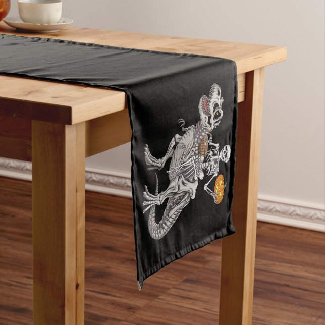 Skeleton Riding Mummy Dinosaur T rex Halloween  Short Table Runner (In Situ)