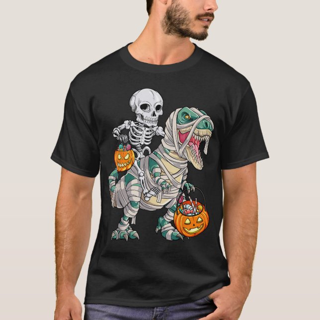 Skeleton Riding Mummy Dinosaur T Rex Halloween  T-Shirt (Front)