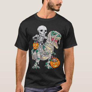 Skeleton Riding Mummy Dinosaur T Rex Halloween T-Shirt
