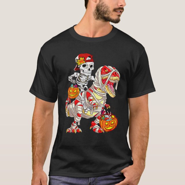Skeleton Riding Mummy Dinosaur T - Rex Halloween T-Shirt (Front)