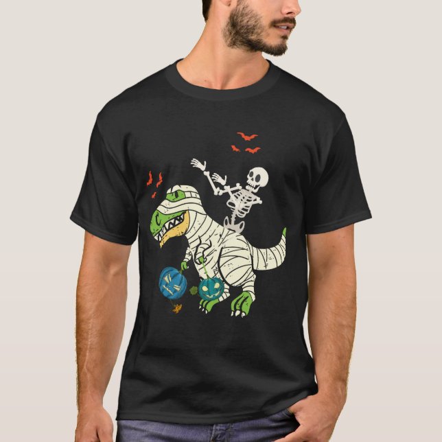 Skeleton Riding Mummy Dinosaur T rex Halloween T-Shirt (Front)