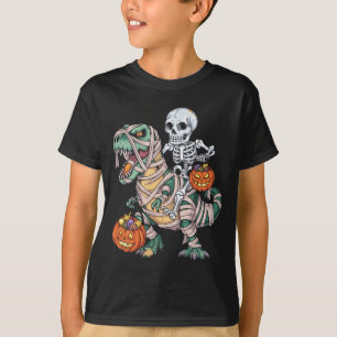Skeleton Riding Mummy Dinosaur T Rex Halloween T-Shirt
