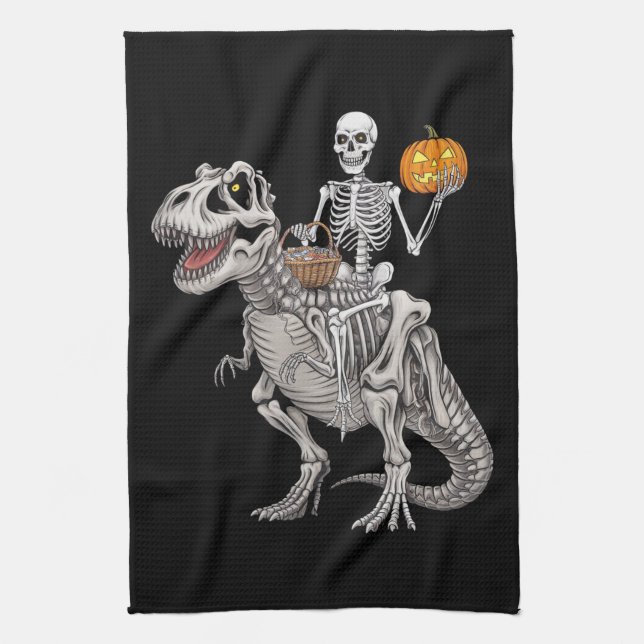 Skeleton Riding Mummy Dinosaur T rex Halloween  Tea Towel (Vertical)