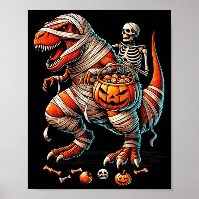 Skeleton Riding Mummy Dinosaur T Rex Kid Boy Funny Poster (Front)