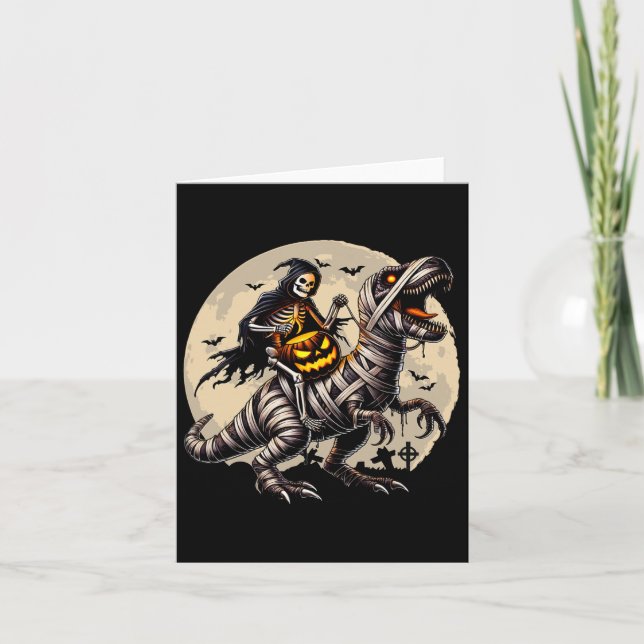 Skeleton Riding Mummy Dinosaur T Rex Pumpkin Funny Card (Front)