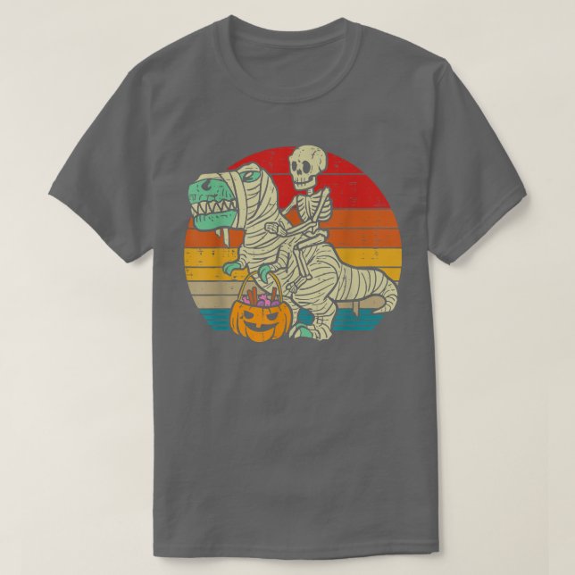 Skeleton Riding Mummy Dinosaur T Rex Pumpkin Funny T-Shirt (Design Front)
