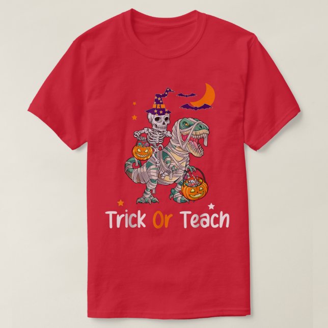 Skeleton Riding Mummy  Halloween Trick or Teach Wi T-Shirt (Design Front)
