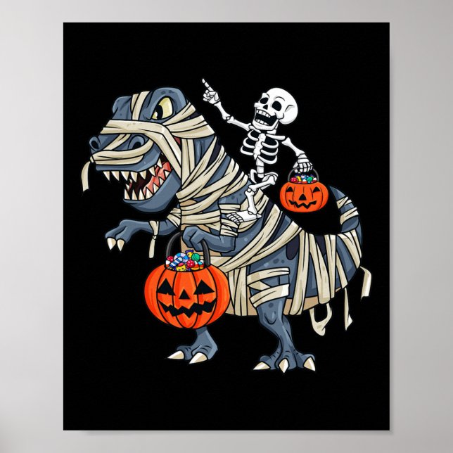 Skeleton Riding Mummy T Rex Halloween Boys Girls K Poster (Front)