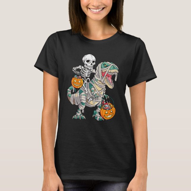 Skeleton Riding Rex Mummy Dinosaur Kids Trick or T T-Shirt (Front)