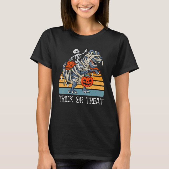 Skeleton Riding Rex Trick or Treat Kids Love Dinos T-Shirt (Front)
