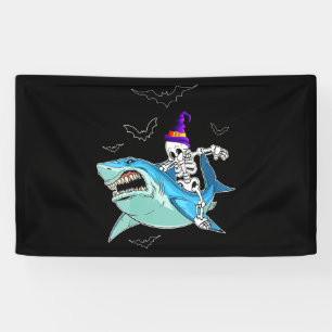 Skeleton Riding Shark Funny - Crazy Halloween Gift Banner
