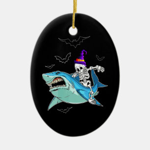 Skeleton Riding Shark Funny - Crazy Halloween Gift Ceramic Tree Decoration
