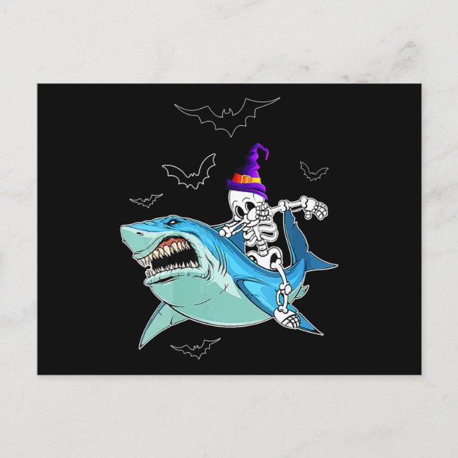 Skeleton Riding Shark Funny - Crazy Halloween Gift Postcard (Front)