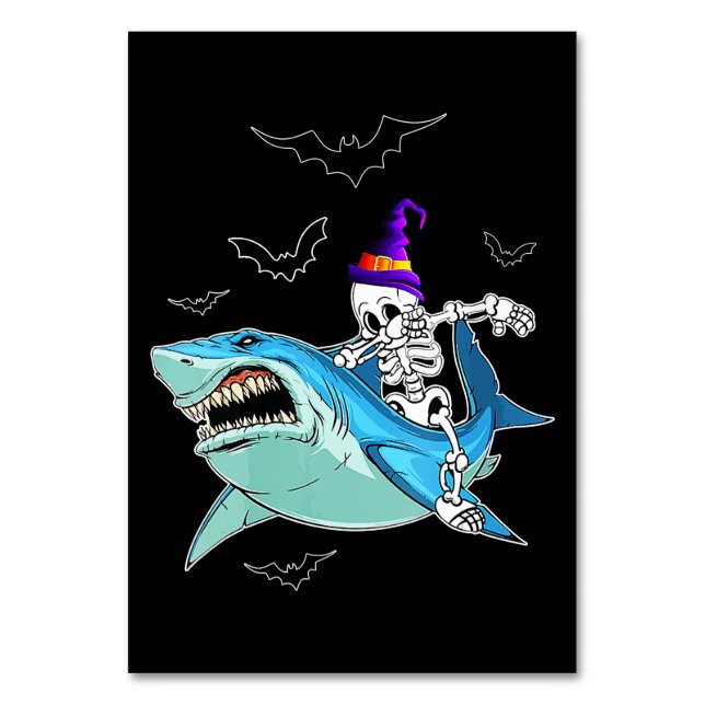 Skeleton Riding Shark Funny - Crazy Halloween Gift Table Number (Front)