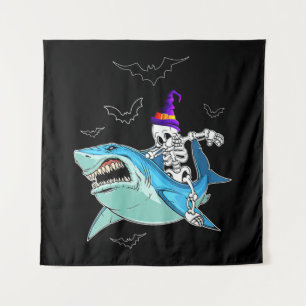 Skeleton Riding Shark Funny - Crazy Halloween Gift Tapestry