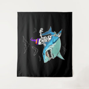 Skeleton Riding Shark Funny - Crazy Halloween Gift Tapestry
