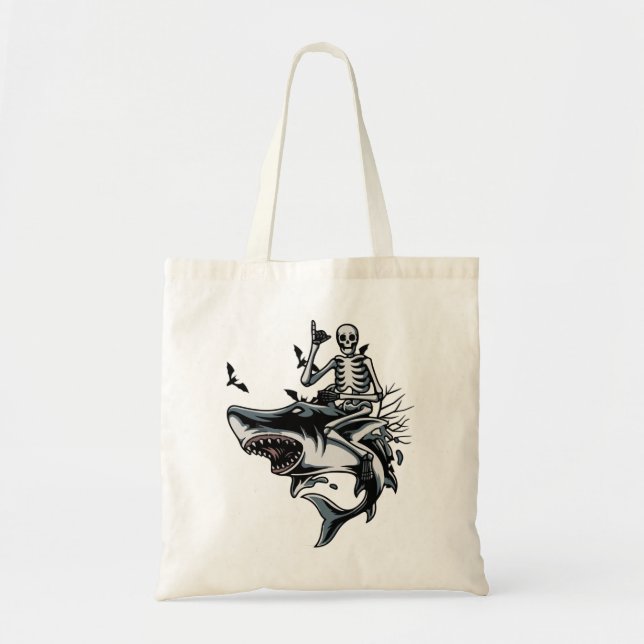 Skeleton Riding Shark Funny Halloween Boys Girls K Tote Bag (Front)